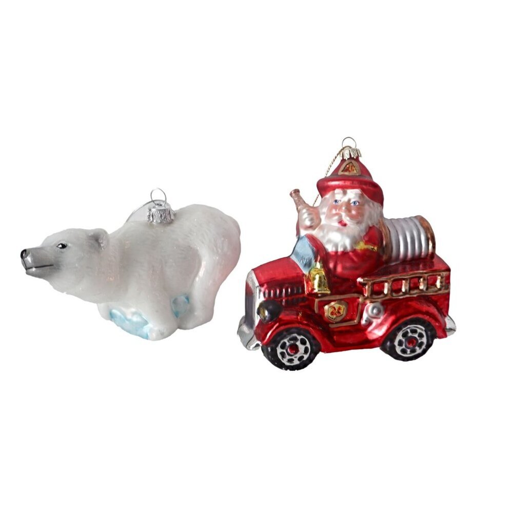 2 Christmas Glass Ornaments Kurt Adler Fire Truck Dog & Polar Bear